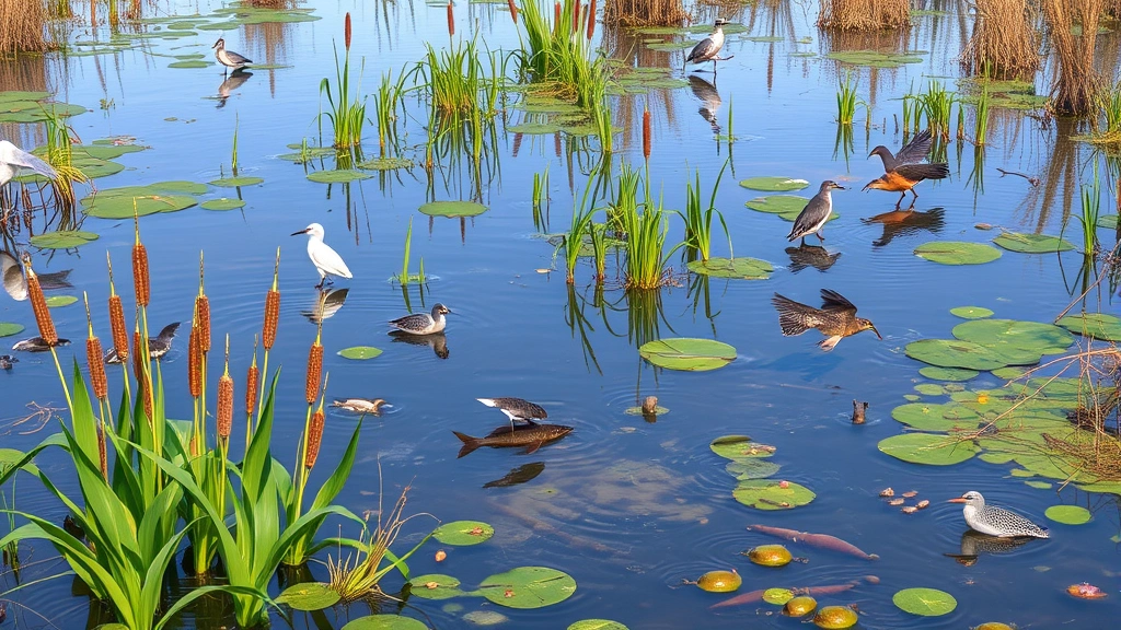 Wetland ecosystem with water, cattails, and diverse wildlife including birds and fish, representing water filtration and flood protection services in natural setting