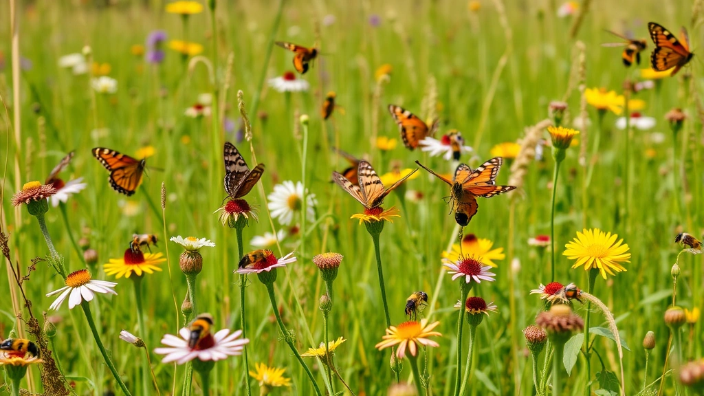 Pollinator-rich meadow with bees and butterflies visiting wildflowers, demonstrating agricultural pollination services and ecosystem biodiversity in productive landscape