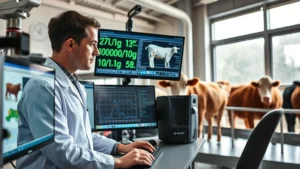 Animal physiologist in modern laboratory examining livestock physiological data on computer screens with monitoring equipment visible, natural lighting through laboratory windows