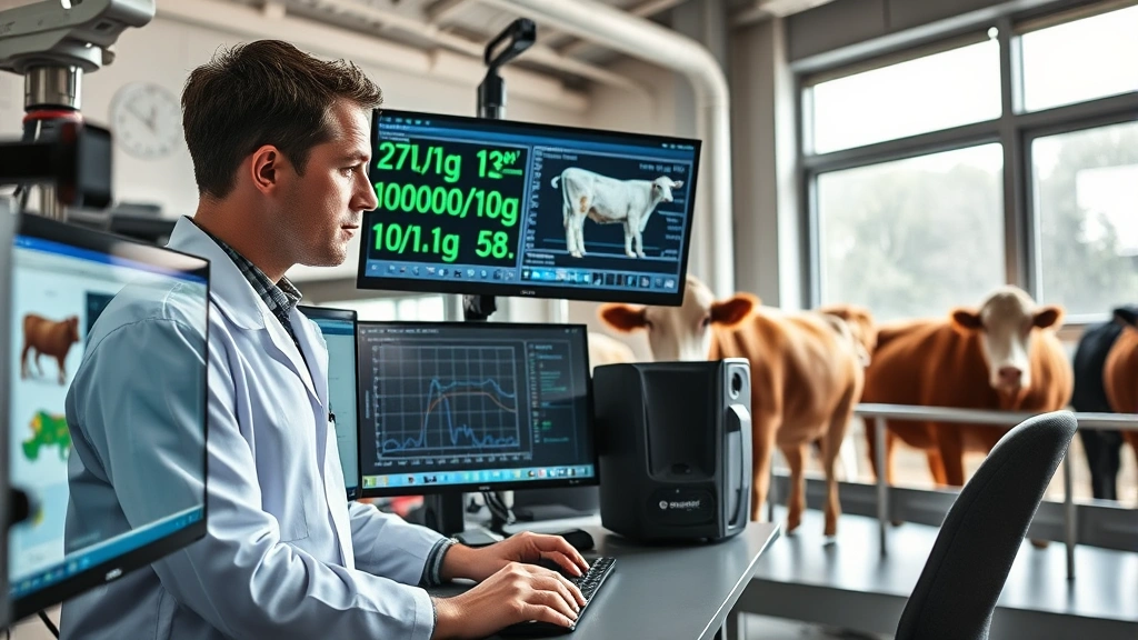 Animal physiologist in modern laboratory examining livestock physiological data on computer screens with monitoring equipment visible, natural lighting through laboratory windows