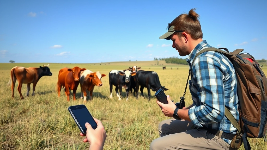 Researcher in field recording animal behavioral and physiological measurements from grazing cattle in pastoral landscape with data collection devices and natural grassland environment