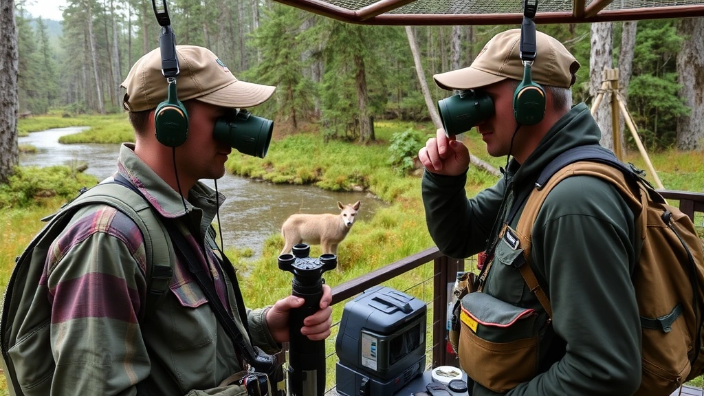 Conservation physiologist in field station studying wild animal populations with monitoring equipment, binoculars, and natural ecosystem background showing forest and water features