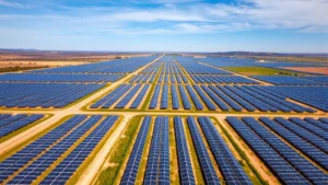 Aerial view of sprawling solar panel farm landscape with rows of photovoltaic installations stretching toward horizon under blue sky, demonstrating large-scale renewable energy infrastructure in natural terrain
