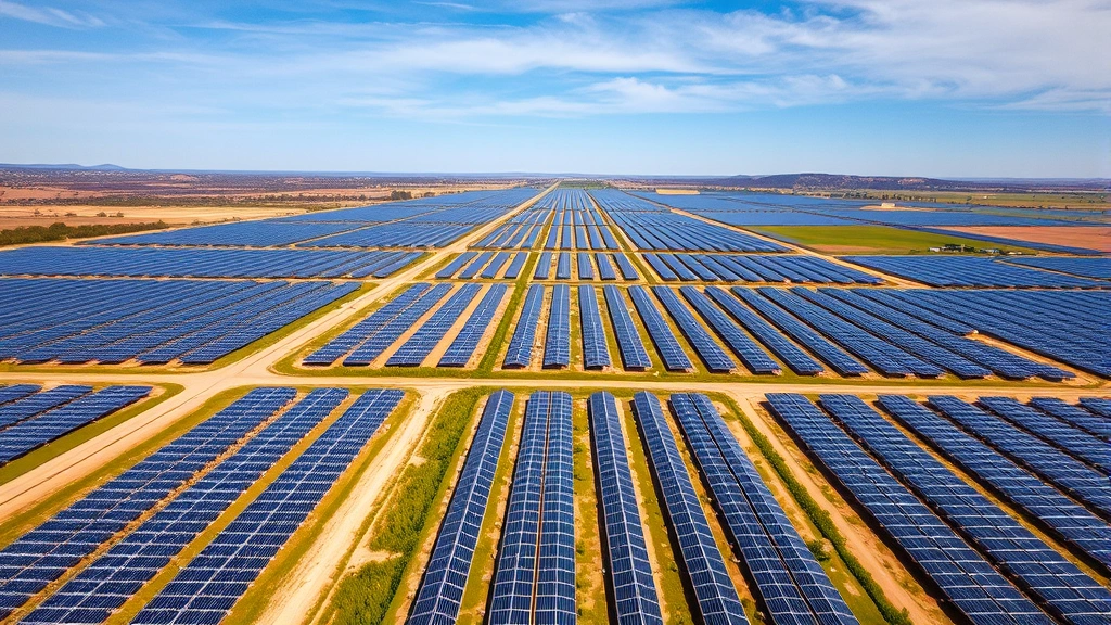 Aerial view of sprawling solar panel farm landscape with rows of photovoltaic installations stretching toward horizon under blue sky, demonstrating large-scale renewable energy infrastructure in natural terrain