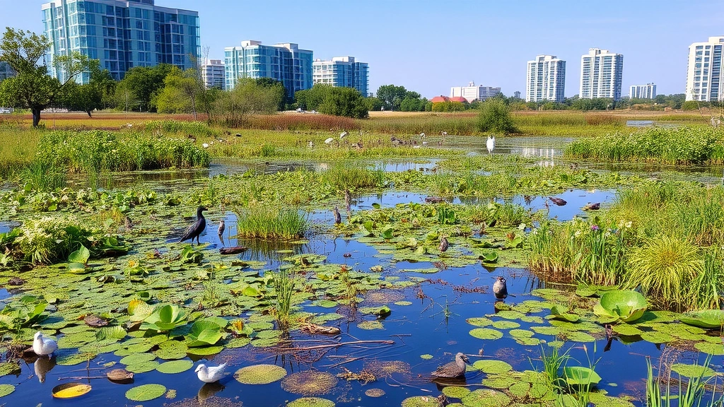 Restored wetland ecosystem with native vegetation, clean water, and diverse wildlife including birds and aquatic life, showing regenerated natural habitat alongside modern buildings in background