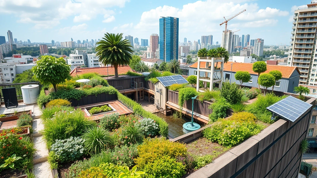 Urban rooftop garden with lush green vegetation, integrated water harvesting systems, and solar panels, illustrating circular economy principles and sustainable city design in developed area