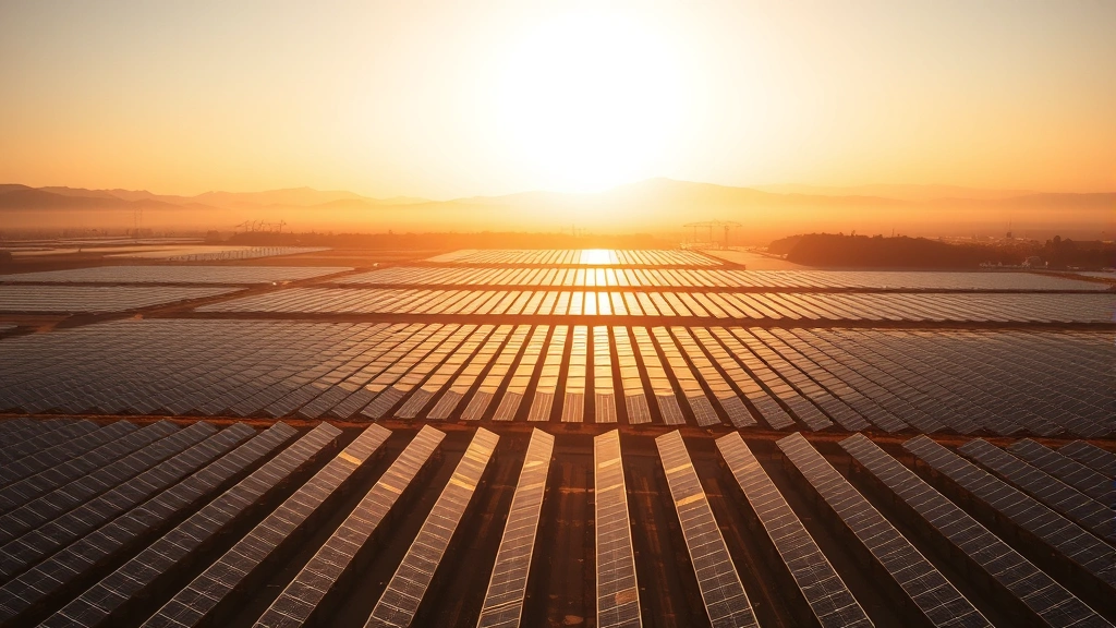 Aerial view of sprawling solar panel farm with mountains in background, golden hour lighting, rows of photovoltaic panels reflecting sunlight, renewable energy infrastructure landscape