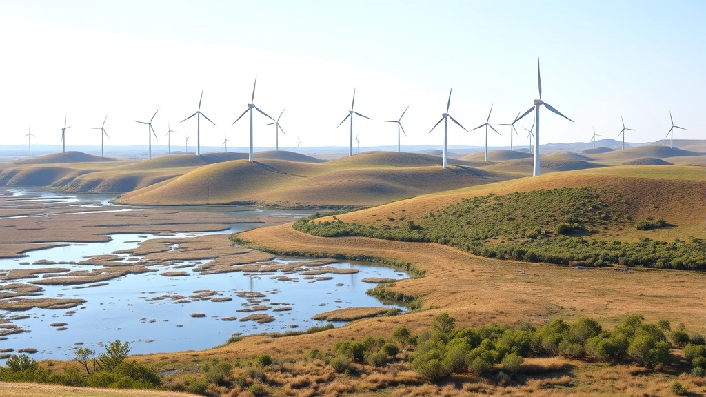 Wind turbines spinning on rolling hills overlooking restored wetlands and diverse wildlife habitat, natural landscape with modern clean energy infrastructure integrated harmoniously