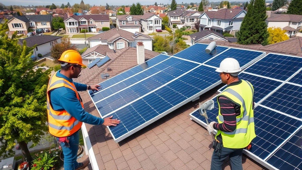 Workers installing rooftop solar panels on residential neighborhood homes, diverse team in safety equipment, community-scale renewable energy deployment with suburban homes visible