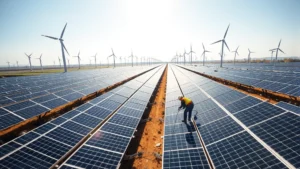 Solar panels and wind turbines in vast renewable energy farm with clear sky, workers installing equipment, modern sustainable industrial complex, photorealistic natural lighting