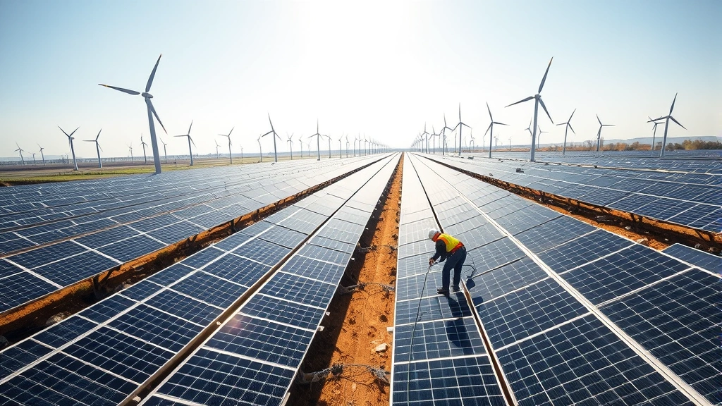 Solar panels and wind turbines in vast renewable energy farm with clear sky, workers installing equipment, modern sustainable industrial complex, photorealistic natural lighting