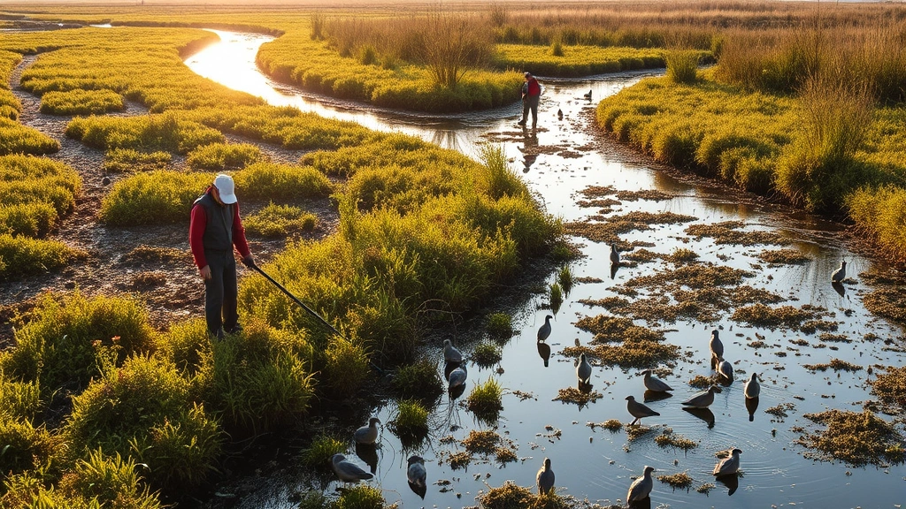 Wetland restoration project with workers replanting native vegetation, water channels, diverse bird species, healthy ecosystem recovering, morning sunlight reflecting on water surfaces