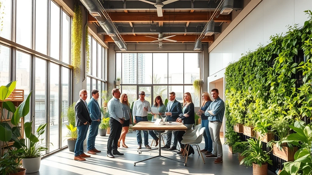 Diverse team of environmental consultants and engineers in modern green office building with living walls, natural light streaming through windows, sustainable workplace with recycled materials visible