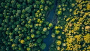 Aerial view of diverse forest canopy with river winding through landscape, showing healthy ecosystem mosaic of different vegetation types, sunlight filtering through leaves, photorealistic natural lighting