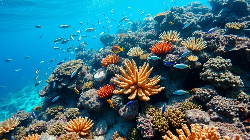 Underwater coral reef ecosystem teeming with colorful fish species and coral formations, clear turquoise water, diverse marine life interaction, natural ocean lighting and depth