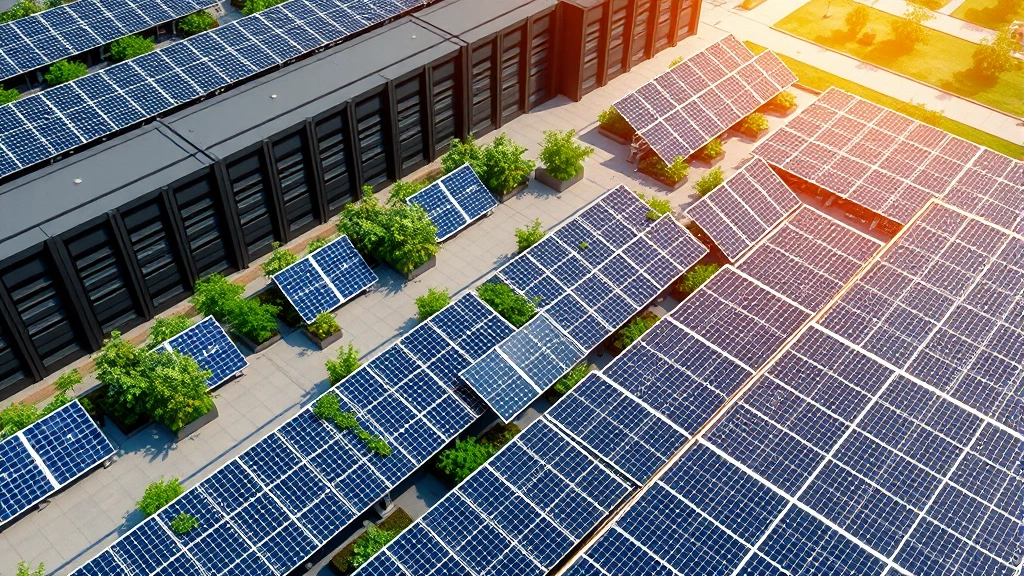 Aerial view of solar panel array powering modern data center, clean energy infrastructure supporting computing systems, photorealistic environmental sustainability technology