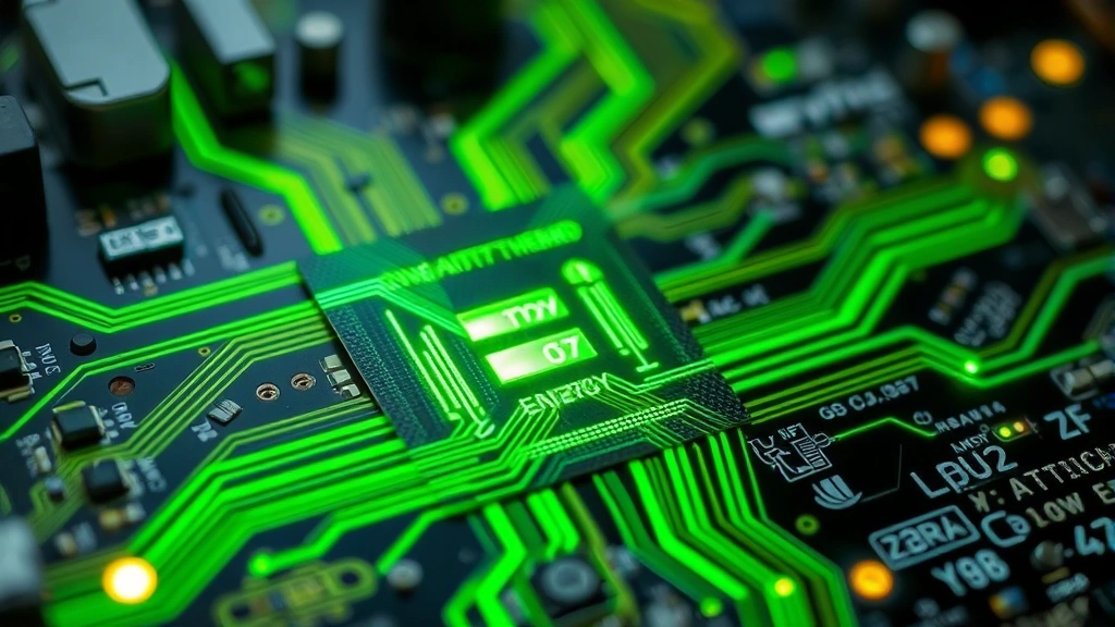 Close-up of computer circuit board with green energy indicators and efficiency metrics visualized through luminescent pathways, sustainable technology innovation