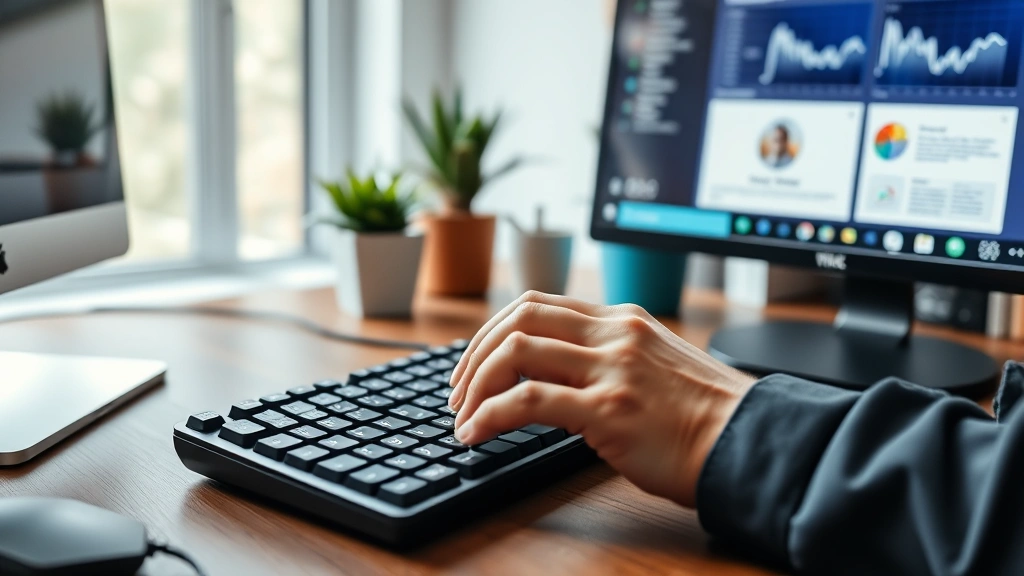 Hands typing on mechanical keyboard with minimalist desktop interface displayed on monitor, focused productive workspace with natural lighting and plants