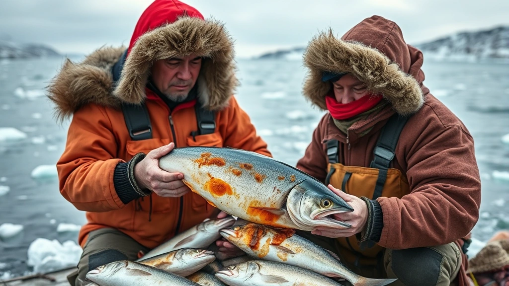 Indigenous Inuit hunter in traditional clothing examining contaminated fish catch, demonstrating food security concerns and traditional subsistence practices threatened by pollution, authentic cultural context with Arctic coastal landscape