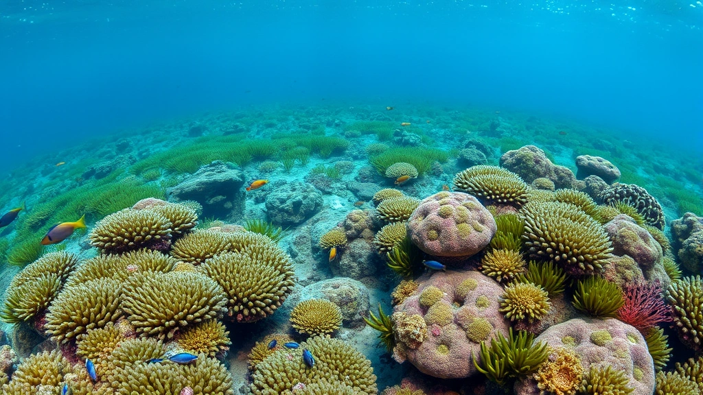 Underwater coral reef ecosystem with seagrass beds and colorful fish, representing pristine marine habitat vulnerable to cruise ship anchor damage and ballast water pollution