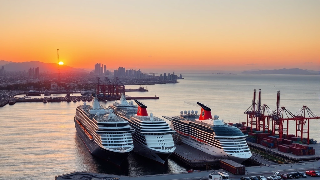 Bustling cruise port terminal at sunset with multiple massive vessels docked, smoke stacks visible, container cranes, and coastal city skyline in background showing urban-maritime interface