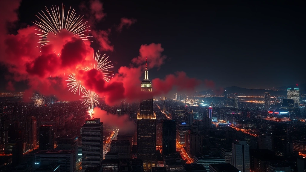 Aerial view of a city skyline at night with fireworks exploding overhead, showing thick smoke clouds illuminated by bursts of colored light, photorealistic urban celebration scene with visible air pollution haze