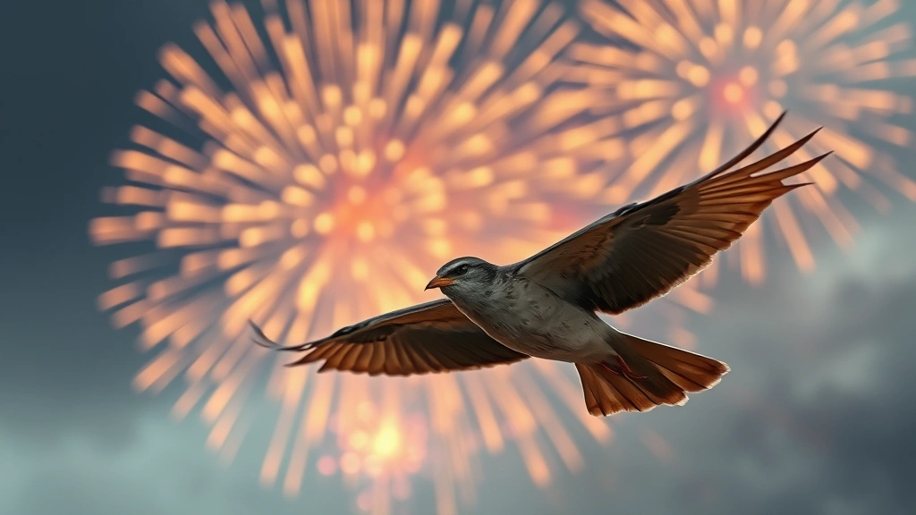 A bird in flight appearing distressed or disoriented with fireworks explosions in the background sky, showing wildlife stress response to pyrotechnic displays, photorealistic nature photography of ecosystem disruption