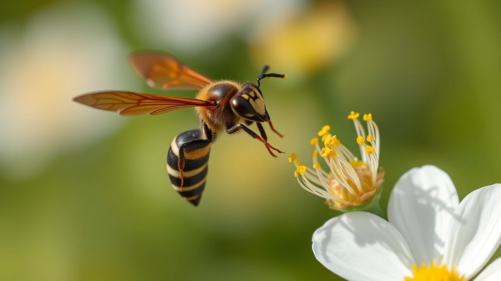 Macro photography of a solitary wasp hovering near a flower with blurred garden background, showing detailed wing structure and pollen on body, natural sunlight, photorealistic