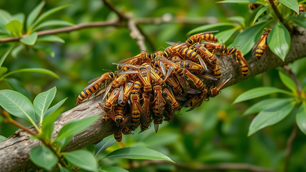 Paper wasp colony on tree branch with wasps attending cells, surrounded by green foliage, natural habitat scene, photorealistic nature photography