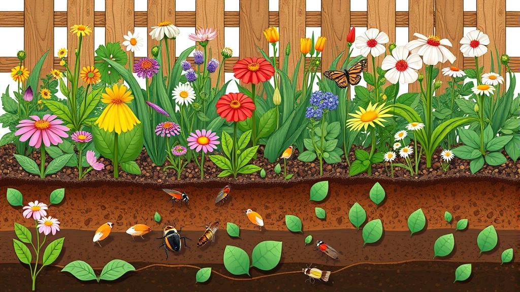 Diverse garden ecosystem with multiple flowering plants, insects, and soil layers visible, showing interconnected food webs and nutrient cycling processes, educational nature illustration style