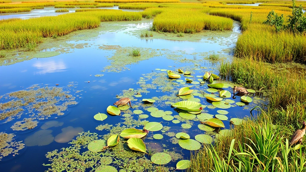 Wetland ecosystem with water, marsh vegetation, and wildlife habitat, showing ecosystem services like water purification and flood control in natural area environment