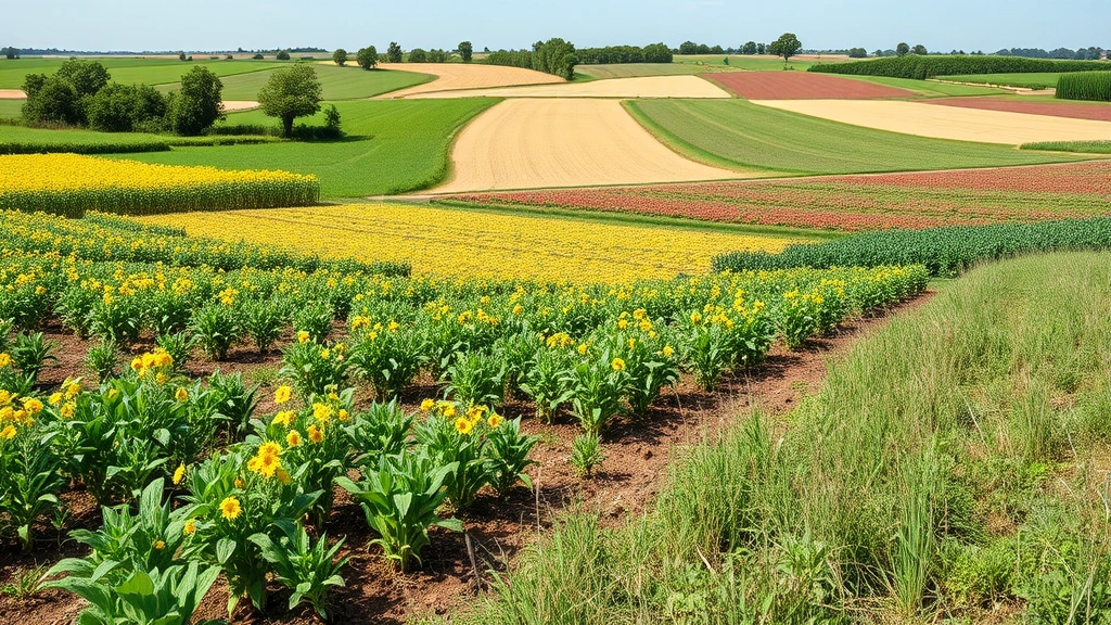 Agricultural landscape with diverse crop fields, pollinator insects, healthy soil, and thriving vegetation demonstrating regenerative farming practices and ecosystem service provision