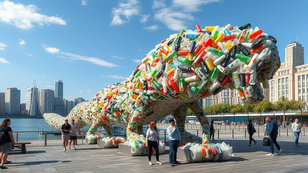 Large-scale public art installation made from recycled ocean plastics, displayed in urban waterfront setting with visitors observing, natural water and sky background, photorealistic