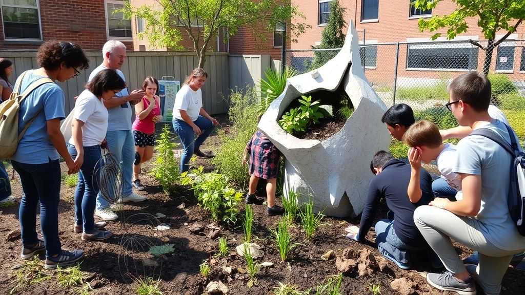 Community workshop with diverse participants planting native species alongside artist-designed habitat restoration sculpture in degraded urban lot, natural daylight, people engaged with soil and plants