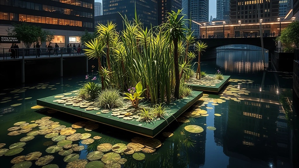 Immersive environmental art experience showing floating island installation filtering water in city river with native wetland plants, natural lighting reflecting on water surface, visitors on viewing platform