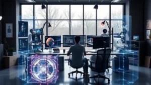 Digital artist working at computer workstation surrounded by holographic displays in modern creative studio with natural lighting from large windows, professional environment