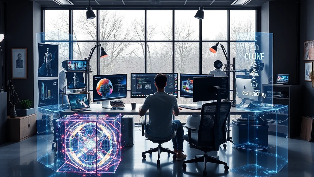 Digital artist working at computer workstation surrounded by holographic displays in modern creative studio with natural lighting from large windows, professional environment