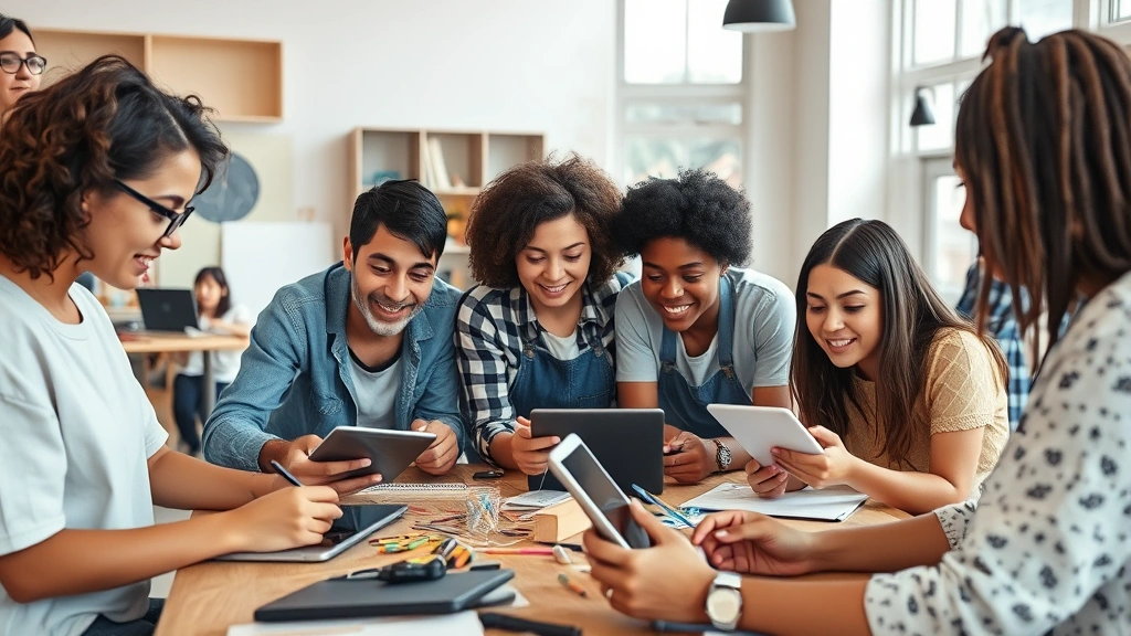 Young diverse group of artists collaborating around digital tablets and laptops in open workspace, mixing traditional and digital creative tools, natural studio lighting