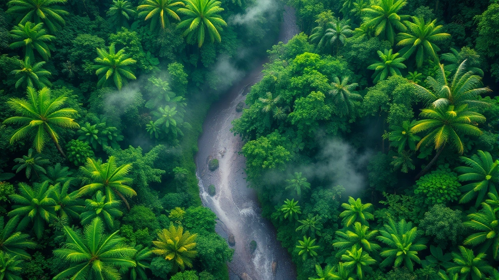 Aerial view of dense tropical rainforest canopy with winding river, vibrant green vegetation, morning mist rising, photorealistic nature photography