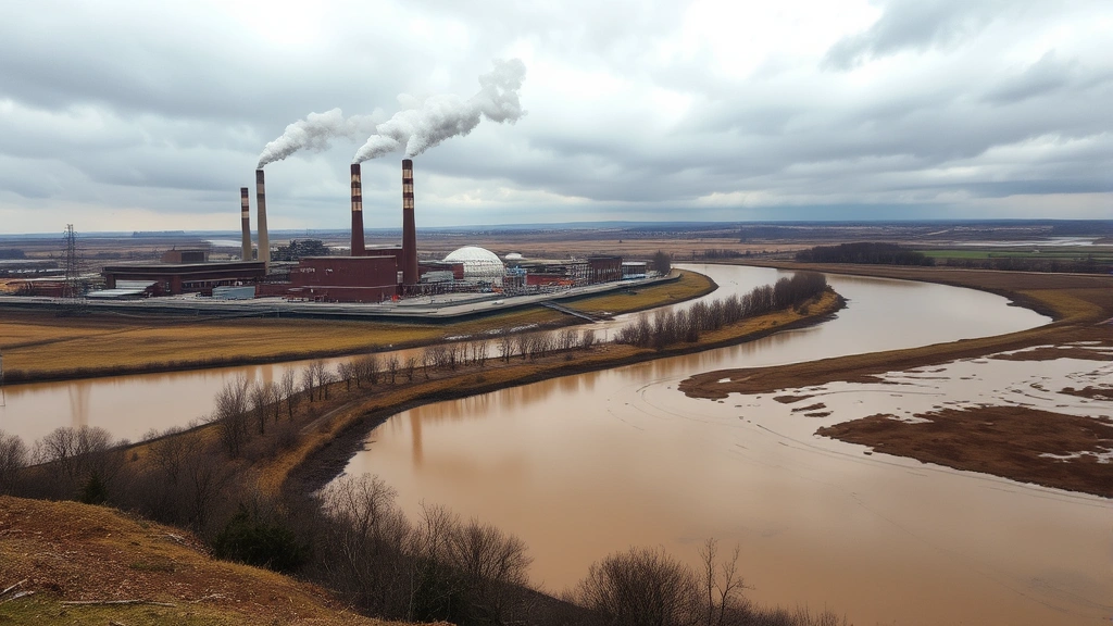 Industrial factory with smoking chimneys adjacent to polluted river, brown water reflecting gray sky, barren land, stark contrast between development and nature