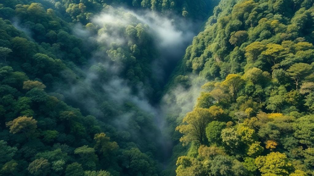 Aerial view of pristine temperate rainforest canopy with diverse tree species, mist rising from valley, untouched wilderness landscape photorealistic high resolution