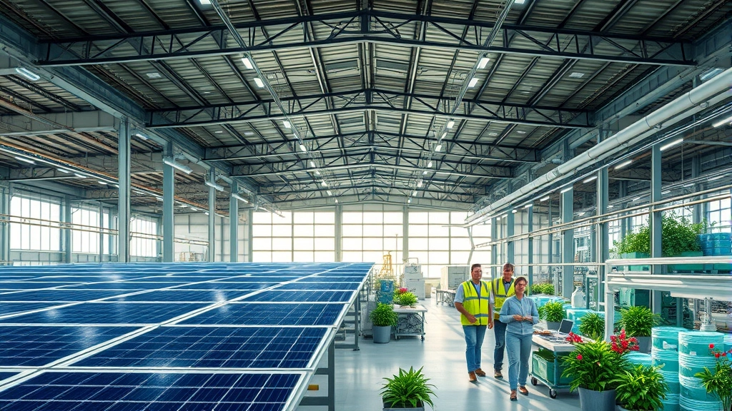 Modern sustainable manufacturing facility with solar panels, wind turbines, recycling infrastructure, workers in green spaces, innovative clean technology operations photorealistic
