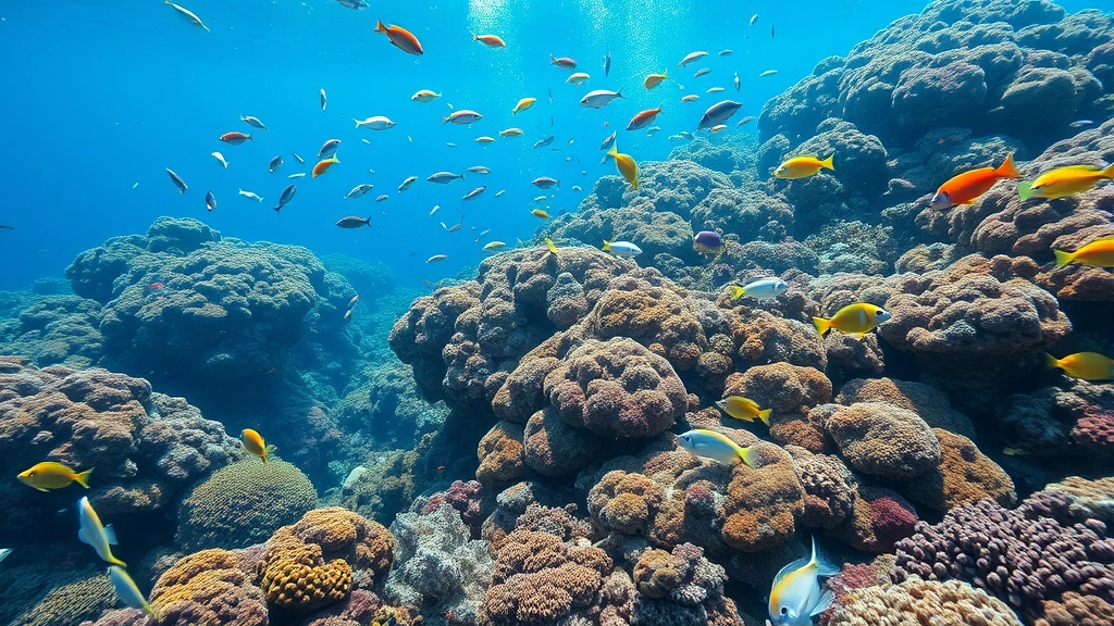 Underwater coral reef ecosystem teeming with colorful fish species, healthy marine biodiversity, crystal clear water, thriving ocean life photorealistic high quality
