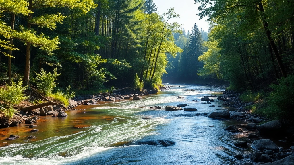 Pristine watershed with flowing river through forested landscape, sunlight filtering through canopy, healthy ecosystem indicators visible, photorealistic nature photography