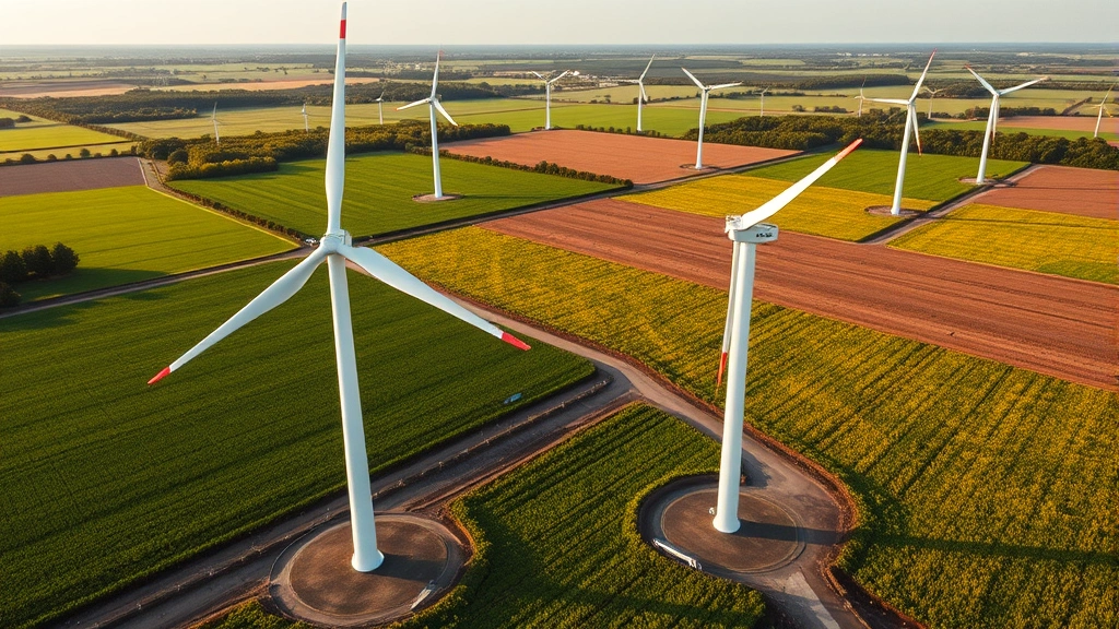 Modern renewable energy wind turbines in agricultural landscape with green fields, sustainable farming practices visible, clean technology integration with nature