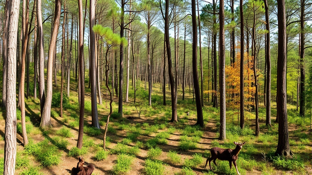 Restored forest ecosystem with diverse native trees, wildlife habitat, biodiversity indicators, natural regeneration process showing environmental recovery success