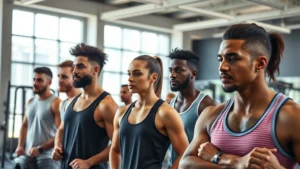Professional athletes training in modern sports facility with natural lighting, showing diverse competitors in workout attire focusing intently during preparation session, photorealistic high-resolution image