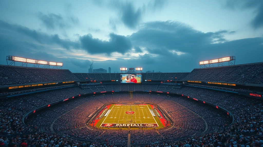 Crowded stadium during evening sporting event with thousands of spectators, vibrant atmosphere showing economic scale of professional sports entertainment industry, photorealistic aerial perspective