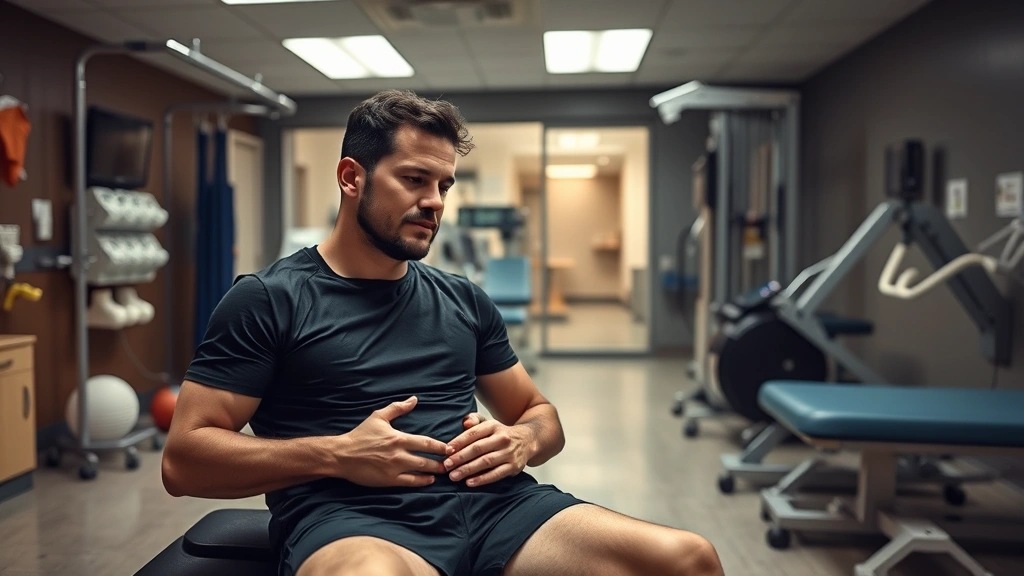 Athlete recovering from injury in physical therapy facility with rehabilitation equipment visible, showing healthcare infrastructure and economic costs associated with sports injuries, photorealistic clinical setting