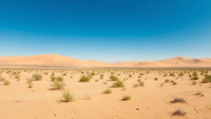 Vast desert landscape with sparse vegetation and sand dunes under clear blue sky, showing extreme aridity and resource scarcity, photorealistic, natural lighting, wide angle perspective